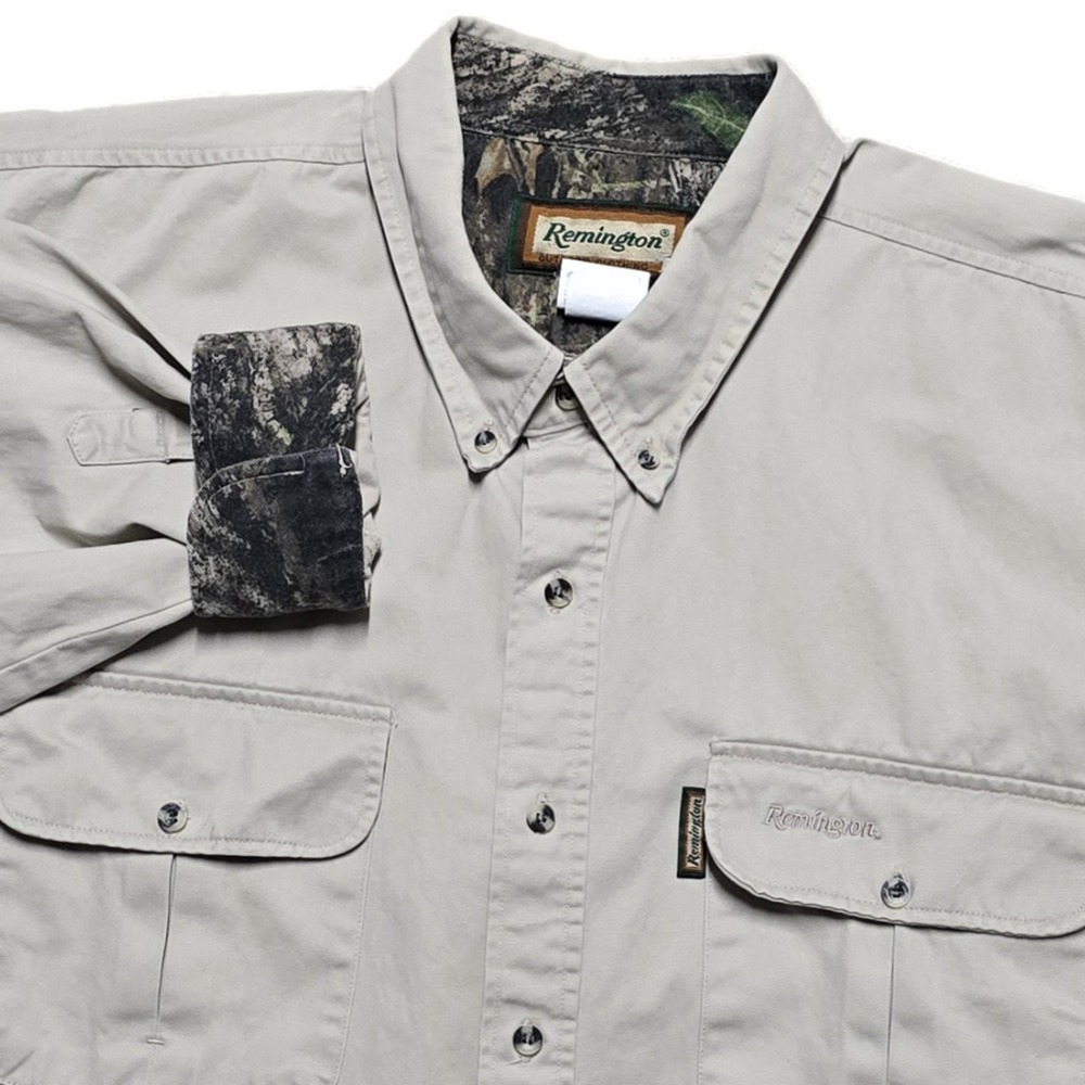 VTG Remington Shooting Shirt Long‎ Sleeve Button Up Hunting Mens 3XL Khaki  Camo